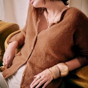 SEZANE Gaspard Jumper, Mohair Blend Cardigan, Camel Brown, Size M